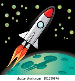 Stylized vector illustration of a retro rocket ship space vehicle blasting off into the sky.
