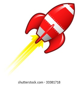 Stylized Vector Illustration Of A Retro Rocket Ship Space Vehicle Blasting Off Into The Sky.