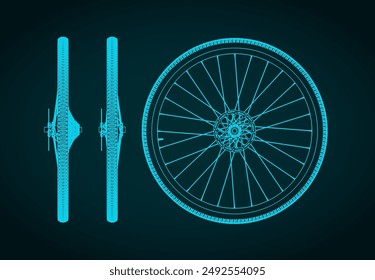 Stylized vector illustration of road bike wheel technical drawings