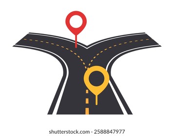 A stylized vector illustration of a road splitting into two paths with red and yellow location pins marking different points. The concept represents decision-making and navigation