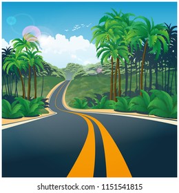 Stylized vector illustration of a road through the picturesque jungle