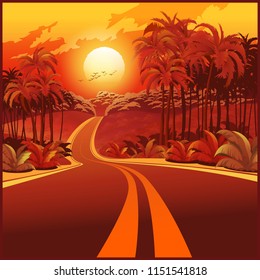 Stylized vector illustration of a road through the jungle at sunset