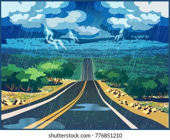 Stylized vector illustration of a road through the valley on a thunderstorm day