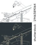Stylized vector illustration of robotic factory line drawings