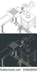Stylized vector illustration of robotic factory line drawings
