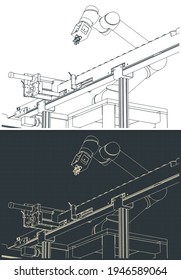 Stylized vector illustration of robotic factory line drawings