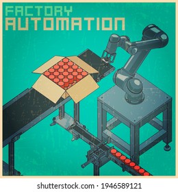 Ilustración vectorial estilizada de póster retro de línea de fábrica robótica