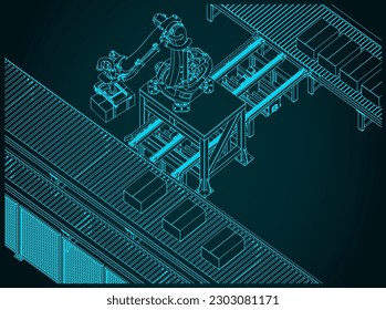 Stylized vector illustration of robotic factory conveyor line