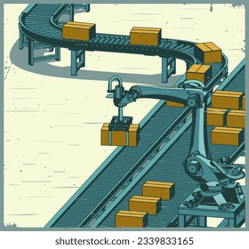 Stylized vector illustration of robotic factory conveyor line in retro poster style
