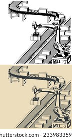 Stylized vector illustration of robotic factory conveyor line