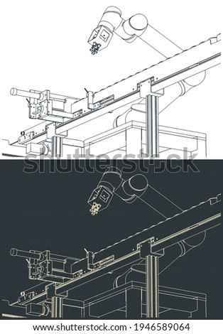 Stylized vector illustration of robotic factory line drawings