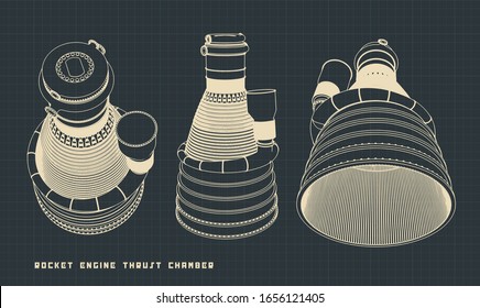 Stylized vector illustration of rocket engine thrust chamber drawings