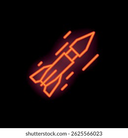 Stilisierte Vektorgrafik einer Rakete, die nach oben startet, erstellt mit leuchtenden Neonlinien auf dunklem Hintergrund