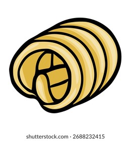 Stylized vector illustration of a rolled butter curl with a rich golden hue and bold black outlines.