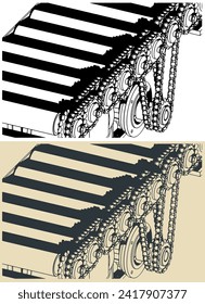 Stylized vector illustration of roller conveyor with chain drive close up