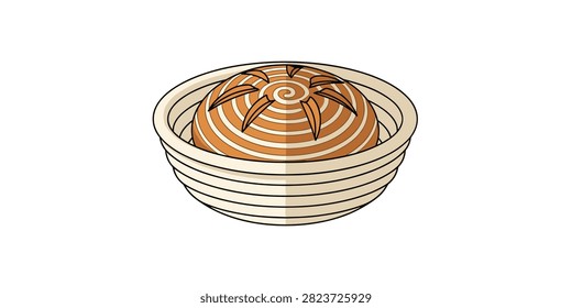 A stylized vector illustration of a round loaf of sourdough bread resting inside a woven rattan proofing basket.