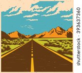 Stylized vector illustration of a route through the mountain valley in old poster style