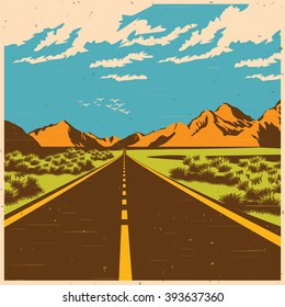 Stylized vector illustration of a route through the mountain valley in old poster style