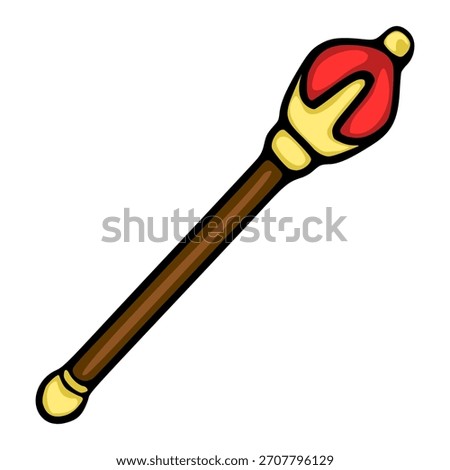 Stylized vector illustration of a royal scepter with red and gold embellishments on a white background