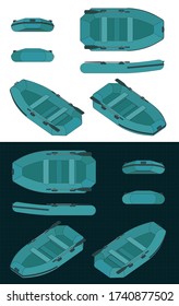 Stylized vector illustration of rubber boat color drawings