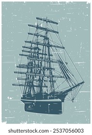 Stylized vector illustration of a sailing ship in retro poster style