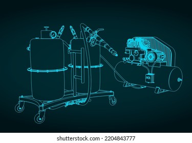 Stylized vector illustration of sand blasting machine and compressor