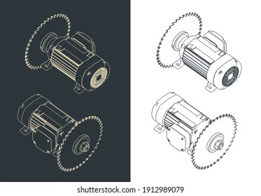 Stylized vector illustration of saw blade and motor isometric drawings