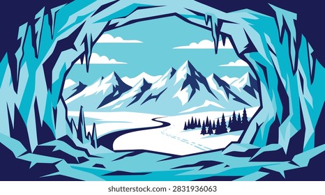 A stylized vector illustration of a scenic view looking out from inside a frozen ice cave towards snow-capped mountains and a winter forest landscape.