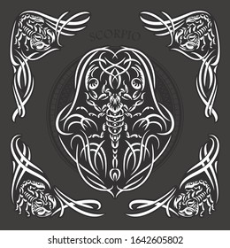 Stylized vector illustration of a scorpio. Design can be used as tattoos, t-shirt graphic print, emblem, etc.