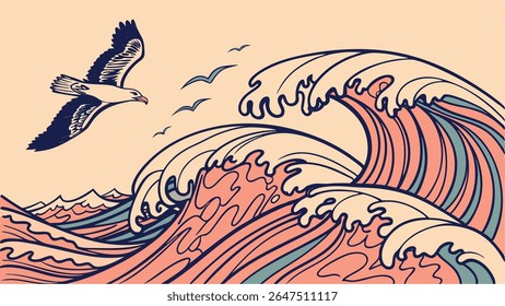 Stylized vector illustration of a seagull soaring over dynamic ocean waves. A serene and artistic nature scene perfect for maritime themes.