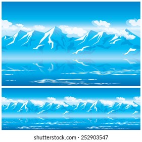 Stylized vector illustration seamless horizontally on the theme of mountains, ridges, wandering and climbing. Mountains in the sun