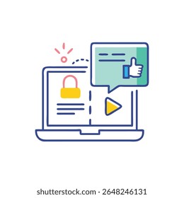 Stylized vector illustration of a secured laptop showing social media engagement. Flat design style with bright contrasting colors.