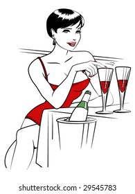 stylized vector illustration of a seductive woman sitting at a table with wine glasses... check my port for more pinup art!!