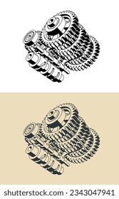 Stylized vector illustration of sequential transmission gearbox