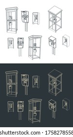 Ilustración vectorial estilizada de un conjunto de cabinas telefónicas diferentes