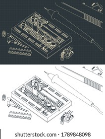 Stylized vector illustration of a set of electronics components for education of electrical engineers and electronics enthusiasts