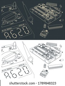 Stylized vector illustration of a set of electronics components for education of electrical engineers and electronics enthusiasts