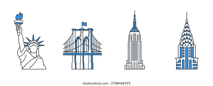 A stylized vector illustration set featuring iconic New York City landmarks in blue and white line art.