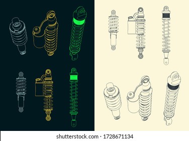 Ilustración vectorial estilizada de varios conjuntos de dibujo de amortiguadores de motocicletas
