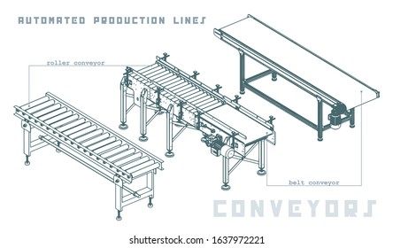 Stylized Vector illustration of several types of conveyors Isometric View