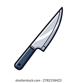 A stylized vector illustration of a sharp stainless steel kitchen knife with a dark handle isolated on a white background