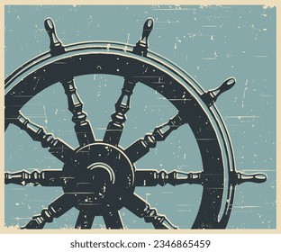 Stylized vector illustration of a ship steering wheel retro poster