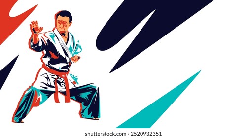 Ilustración vectorial estilizada de la silueta del atleta deportivo de artes marciales Shorinji Kempo Sports. Ilustración de un evento de competencia de artes marciales. Silueta de un atleta de artes marciales