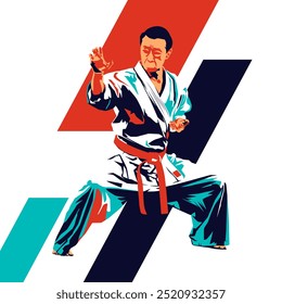 ilustração vetorial estilizada de shorinji kempo artes marciais esportes silhueta atleta. shorinji kempo esportes. ilustração de um evento de competição de artes marciais. silhueta de um atleta de artes marciais