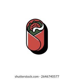 Uma ilustração vetorial estilizada exibe um envoltório rolado. No interior, encontre fatias de tomate, alface verde vibrante e um molho branco cremoso, tudo contido em uma casca macia.