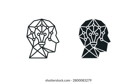 A stylized vector illustration showing a human head profile integrated with a glowing lightbulb and interconnected brain network, symbolizing ideas and innovation.