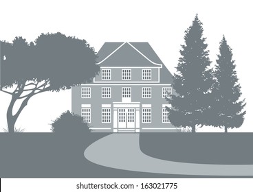 stylized vector illustration showing an old classic mansion in a park with plants and trees