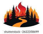 A stylized vector illustration shows a wildfire burning through a forest, with silhouetted pine trees and a winding path engulfed in flames against a transparent backdrop.