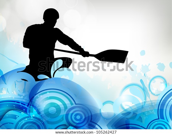 Stylized vector\
illustration silhouette of a canoe slalom player on a water wave\
effect background.\
EPS10.