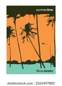 Stylized vector illustration of silhouette of coastal cityscape of Rio de Janeiro, Brazil.